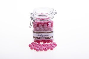 Glass jar with clamp lid filled with Raspberry candies (725g) Glasburk med spännlock fylld med Gammaldags Hallonkarameller (725g)
